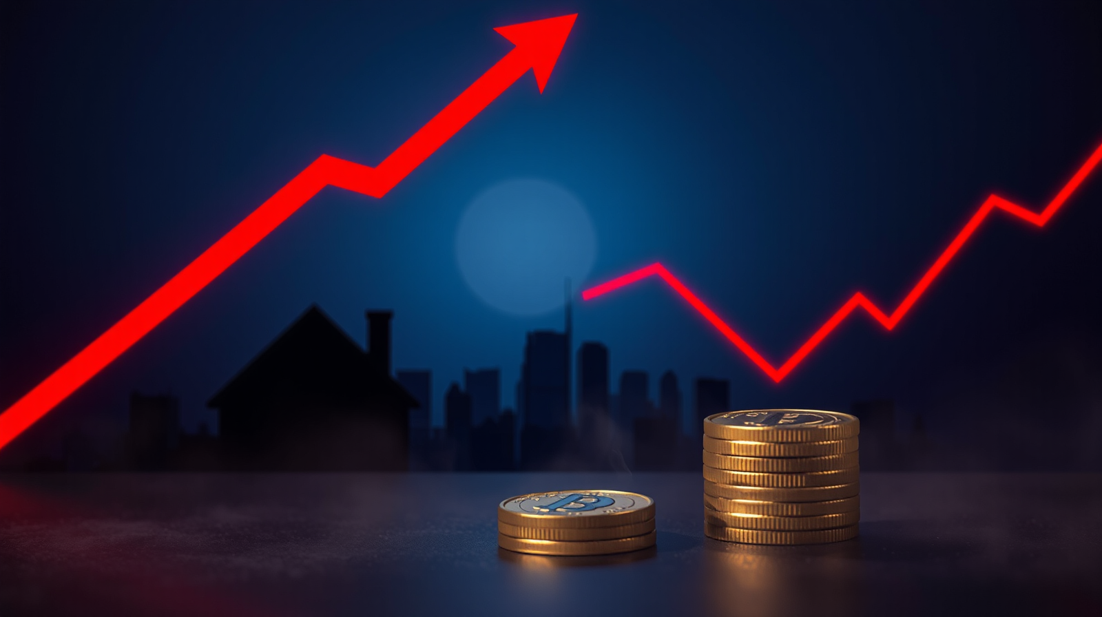 Tassi dei mutui in rialzo sopra la soglia del 4%, freccia rossa e silhouette di una casa sullo skyline del distretto finanziario
