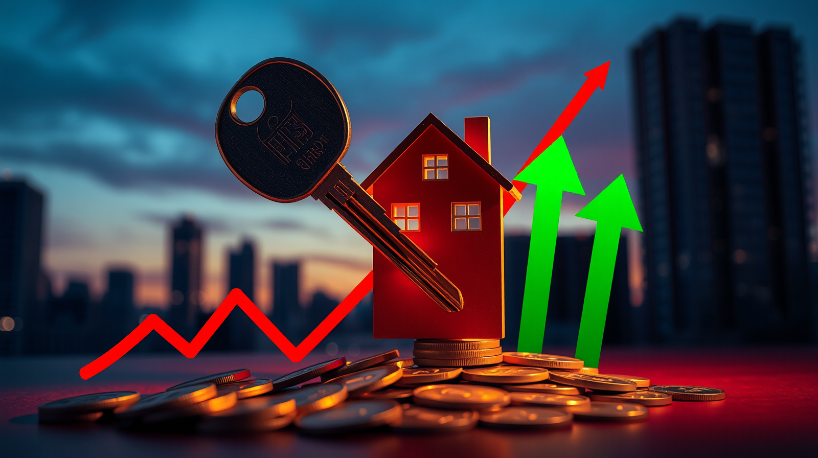 Tasso di surroga mutuo prima casa in calo con chiave di casa e monete d'oro su grafico finanziario, risparmio fino a 142 euro al mese