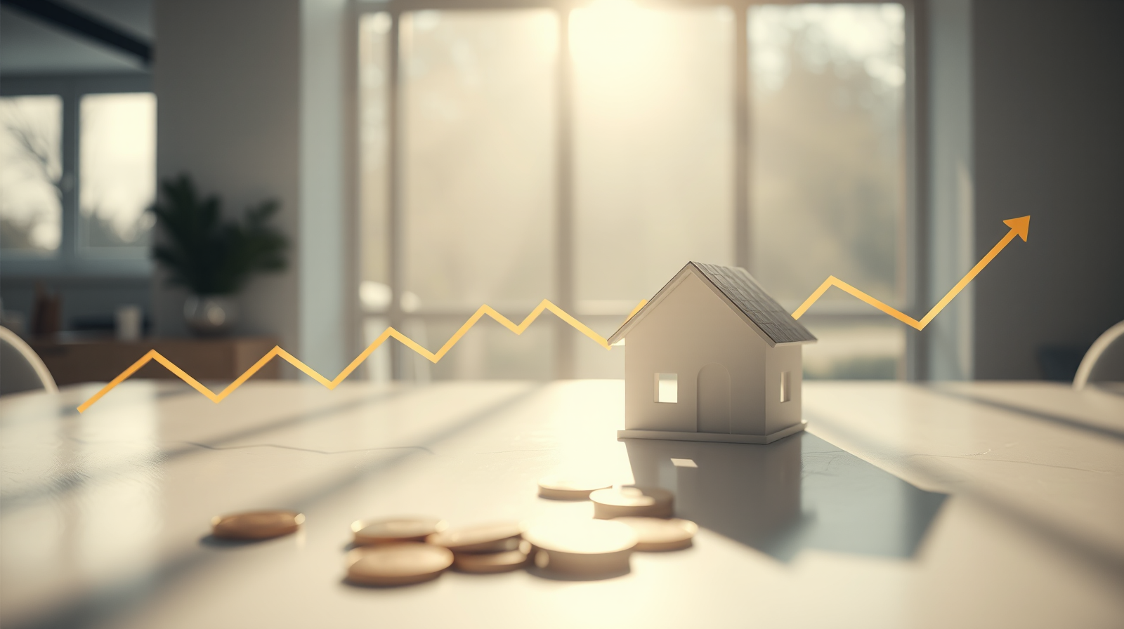 Casa bianca in miniatura su scrivania illuminata da luce solare, monete d'oro e grafici finanziari per mutuo prima casa tasso fisso