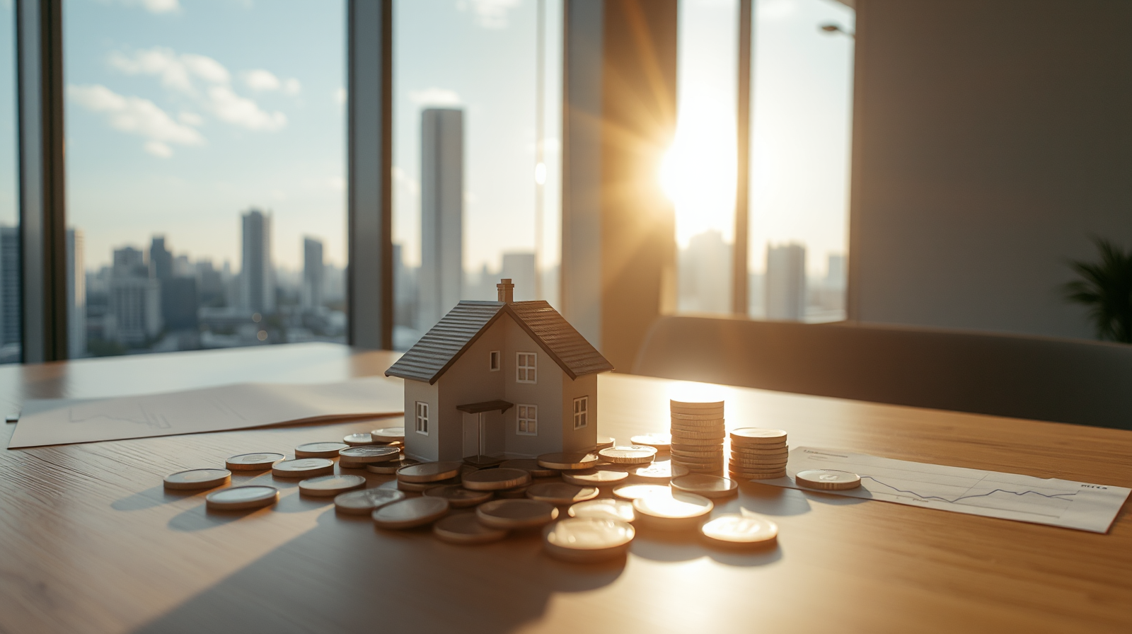 Casa in miniatura con grafici finanziari in calo e monete d'oro, mutuo prima casa a tassi favorevoli