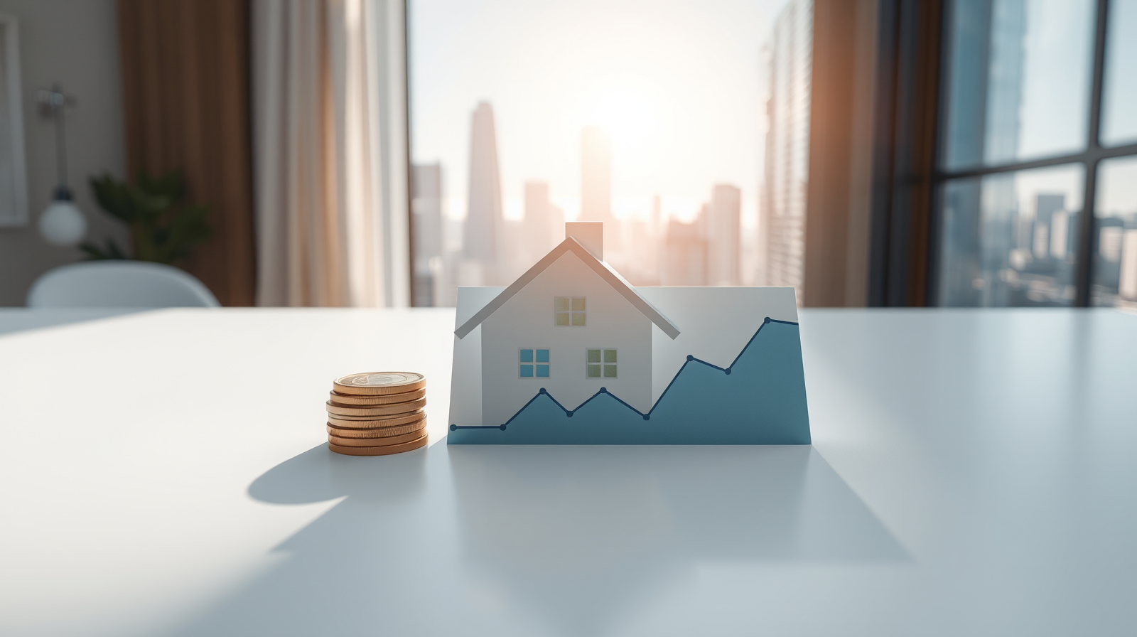 Monete d'oro, mini casa e grafici di tassi su scrivania luminosa, simbolo del confronto tra preventivi del mutuo